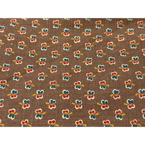Vintage Brown Floral Cotton Fabric 10" x 28" Small Red Blue Yellow Flowers Quilt - Picture 2 of 6